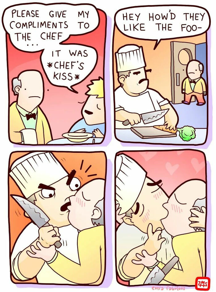 Comic panels from Extra Fabulous Comics showing dark humor with a chef and unexpected endings in a kitchen setting.