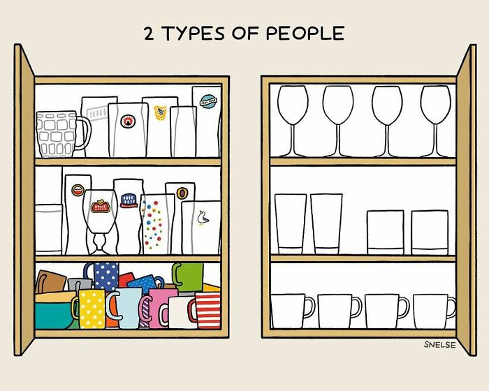 Illustration of two types of people organizing glasses and mugs in cabinets, showcasing humorous comic art style.