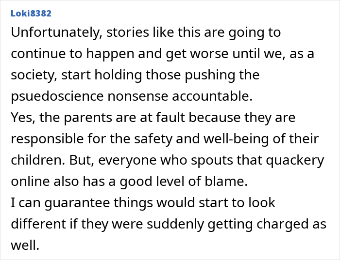 Comment criticizing pseudoscience after 5-month-old's tragic passing, urging accountability for parent's choices.