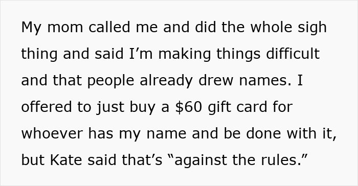 Text message about family Secret Santa drama where a sister turns the gift exchange into a luxe shopping list conflict. Text message about family Secret Santa drama where a sister turns the gift exchange into a luxe shopping list conflict.