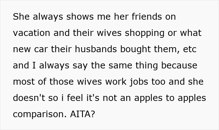 Text discussing feelings of a stay-at-home mom feeling poor despite receiving monthly fun money from husband.