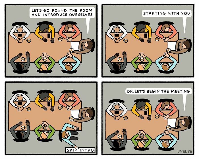 Comic illustration showing a group at a meeting table skipping introductions to quickly begin the meeting humorously.
