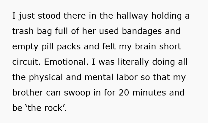 Text excerpt showing a woman overwhelmed by her daughter&rsquo;s efforts while being blinded by flowers from her son.