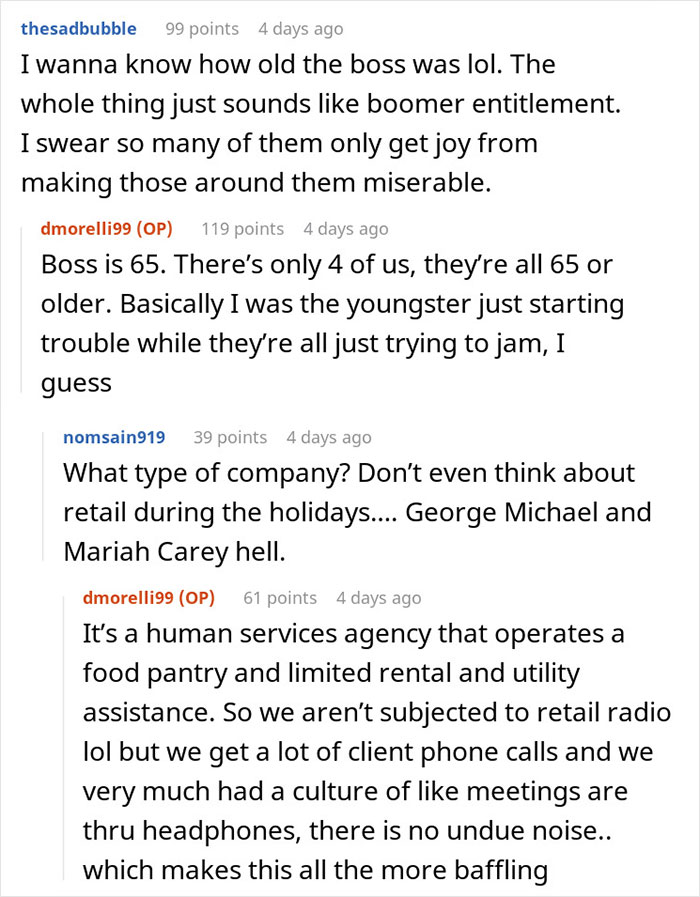 Screenshot of a Reddit thread discussing a man blasting Christmas music in the office, causing coworker frustration. Screenshot of a Reddit thread discussing a man blasting Christmas music in the office, causing coworker frustration.
