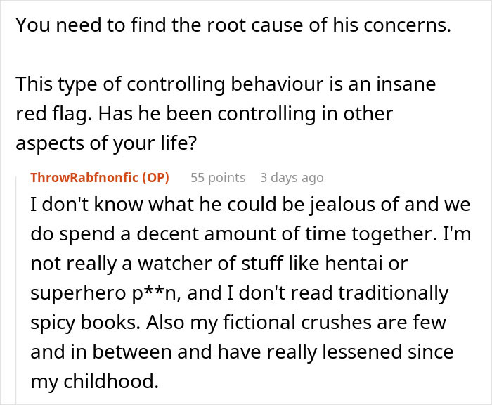 Screenshot of a text discussion about controlling behavior and criticism of loving fiction in a relationship. Screenshot of a text discussion about controlling behavior and criticism of loving fiction in a relationship.
