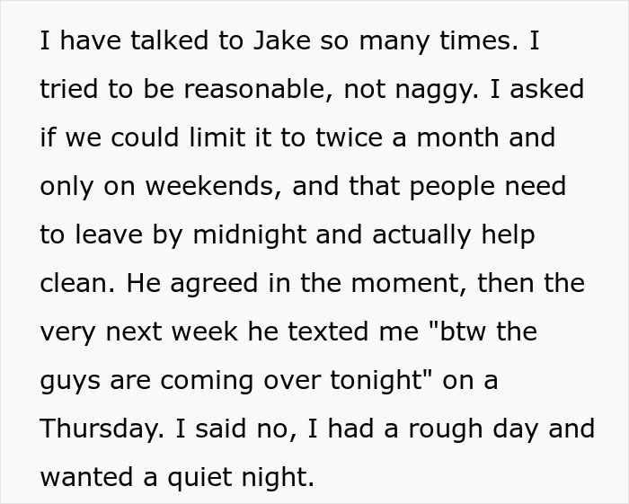 Text excerpt from a woman discussing setting limits on boys nights at their house after going too far.