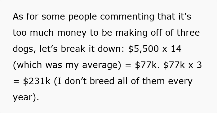 Text discussing breakdown of expenses averaging $5,500 per dog yearly, related to entitled mother expenses split son girlfriend.