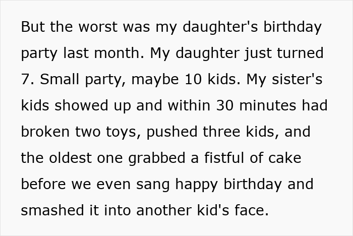 Text excerpt describing unruly kids at a birthday party, related to aunt refusing Christmas gifts for unruly niblings.