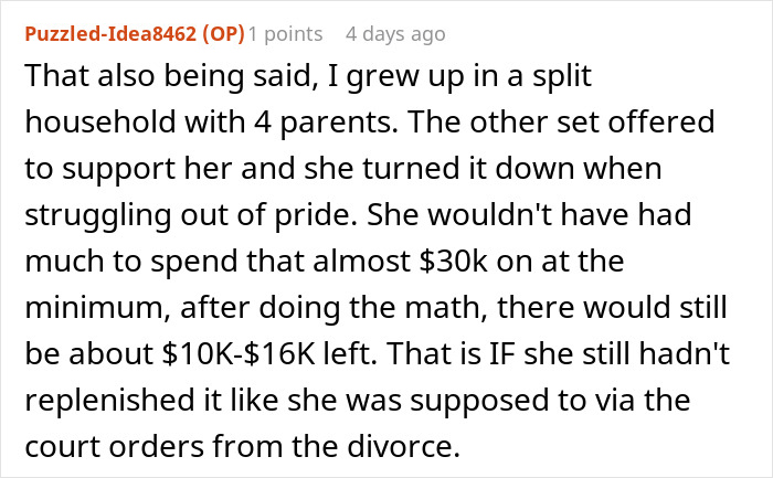 Comment discussing a teen&rsquo;s missing 30k and vague answers from mom amid online calls of being ungrateful.