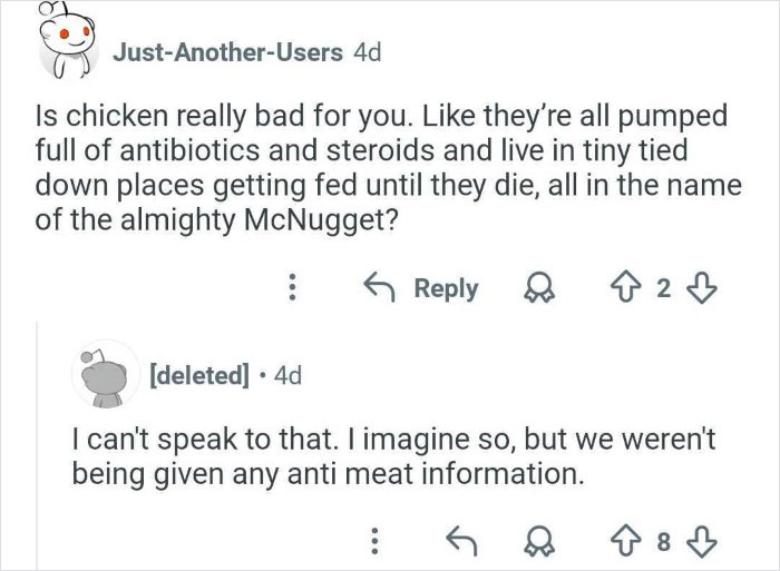 Reddit conversation discussing controversial meat industry practices from an ex-employee who discredited veganism online.