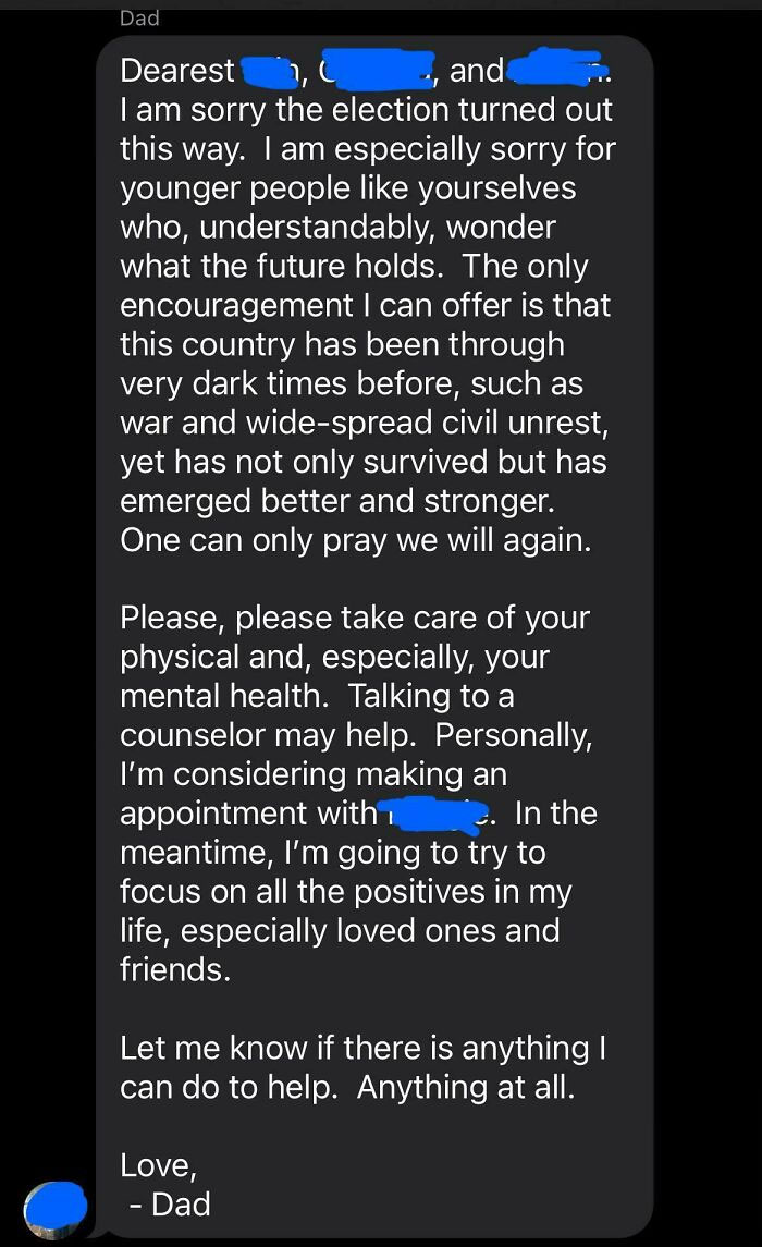 Text message from dad offering comforting words and advice on mental health in a heartfelt, impactful text conversation.