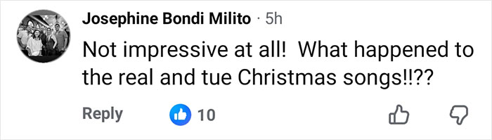Facebook comment by Josephine Bondi Milito expressing disappointment about Christmas songs at Rockefeller Tree Lighting event.