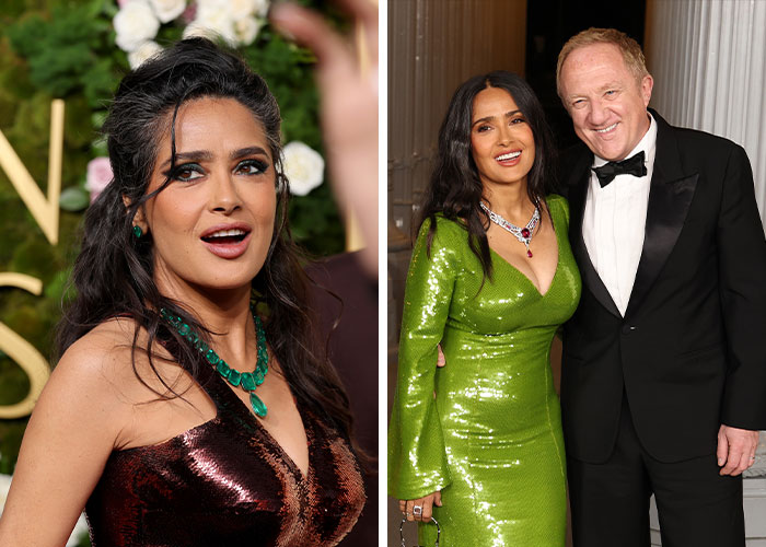 Salma Hayek posing at red carpet events, showcasing celebrity transformations and name change controversies.