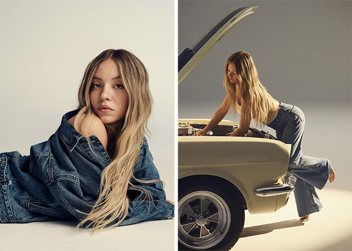 Sydney Sweeney wearing denim in a styled photoshoot, related to American Eagle ad apology and reactions.