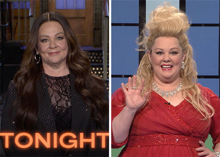 Melissa McCarthy with jaw-dropping 95-pound weight loss seen in two contrasting outfits and hairstyles on SNL set.