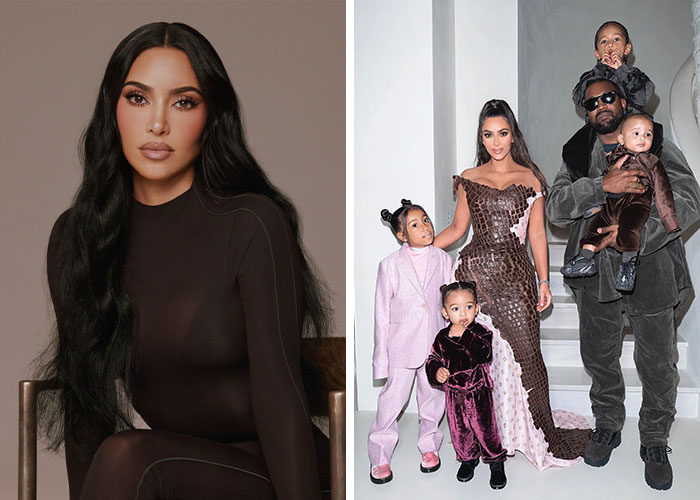 Kim Kardashian with long black hair in a black outfit and a family photo related to celebrity surrogacy backlash.