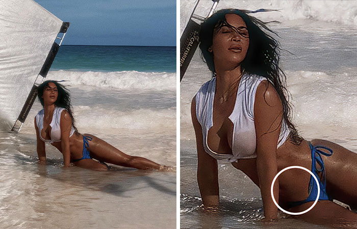 Celebrity posing on the beach with ocean waves, highlighting bizarre details noticed in celebrity photos.