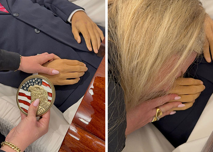 Erika Kirk holding and touching a hand over a suit, reflecting on moment with husband Charlie's body slammed clip.