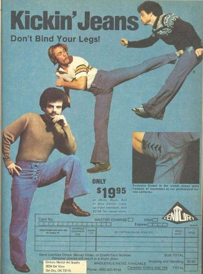 Vintage ad showing men wearing kickin jeans, emphasizing comfort and freedom of movement in classic marketing style.