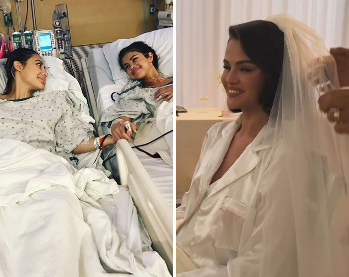 Two female celebrities pictured in hospital beds and a bridal veil, linked to 2025 bad manner awards celebrity etiquette.