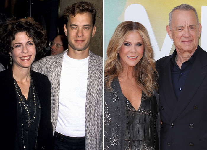 Celebrity couples shown in past and present photos, illustrating longtime love and relationships that resist the test of time.