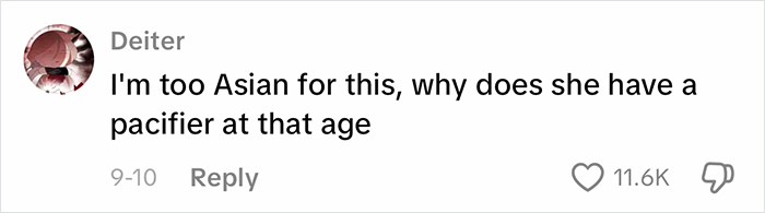 Comment expressing confusion over a child using a pacifier, related to viral homeschool clip raising eyebrows and parenting choices.