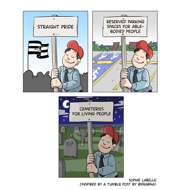 Comic panels by Sophie Labelle showing ironic signs highlighting LGBTQ+ topics and social issues through satire.