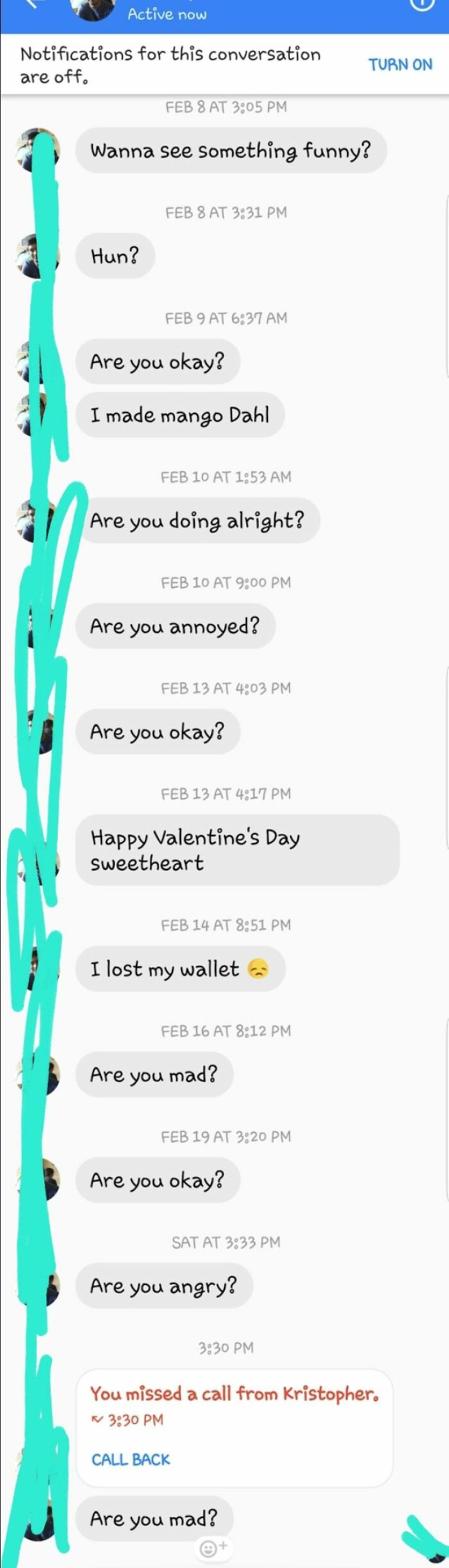 Screenshot of a cringy man's repetitive messages in a women's inbox asking if she is okay or mad over several days.