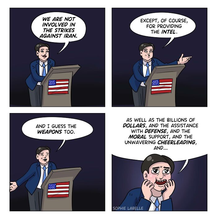 Political comic by Sophie Labelle showing a man at a podium with an American flag addressing weapons and defense topics.