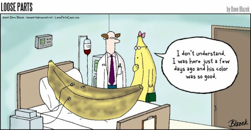 Hospital-themed cartoon showing a doctor and two talking bananas in a patient room with medical equipment.