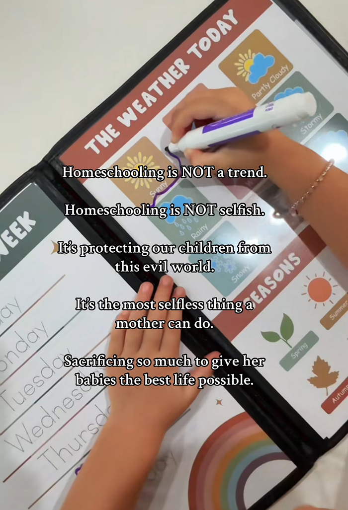 Child coloring weather chart with homeschooling message, highlighting viral homeschool clip and parenting choices discussion.