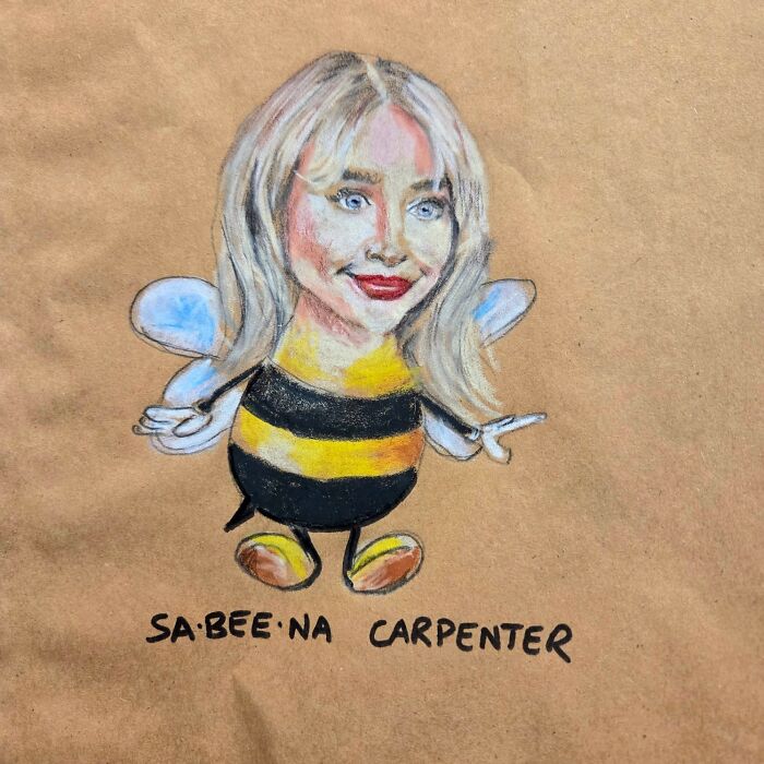 Caricature of a woman as a bee with the pun "Sa-bee-na Carpenter" drawn on a brown lunch bag, showcasing dad jokes.