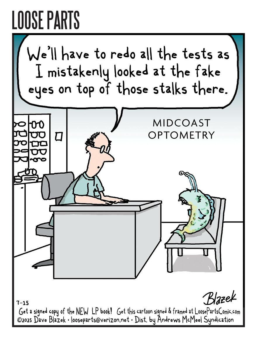 Cartoon showing an optometrist confused by an alien patient with fake eyes, a hospital-themed cartoon by Dave Blazek.