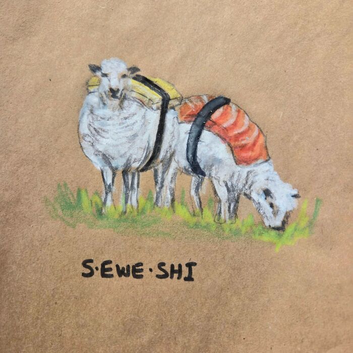 Hand-drawn dad joke pun of two sheep dressed as sushi on a lunch bag, featuring a playful art style.