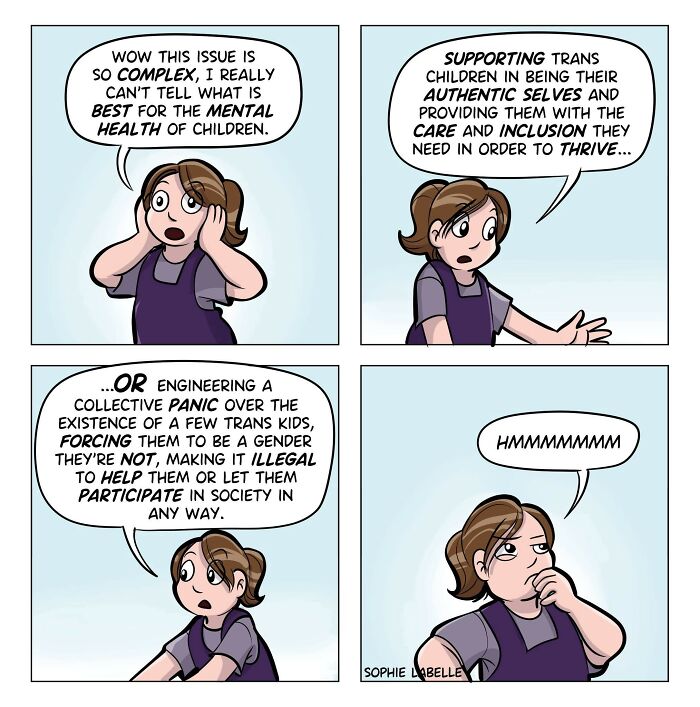 Comic panels by Sophie Labelle depicting a character reflecting on supporting trans children and mental health challenges.