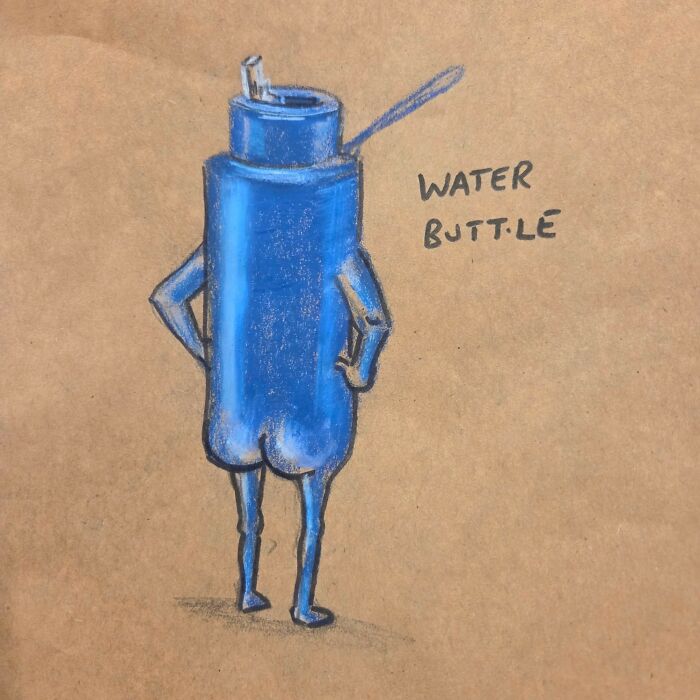 Hand-drawn pun of a blue water bottle with legs and arms on a lunch bag, representing dad jokes and puns.