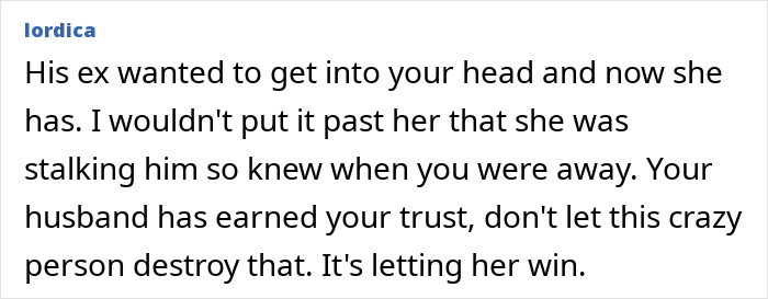 Comment text about a woman discovering her husband&rsquo;s cheating and dealing with actions of a jealous ex-girlfriend.