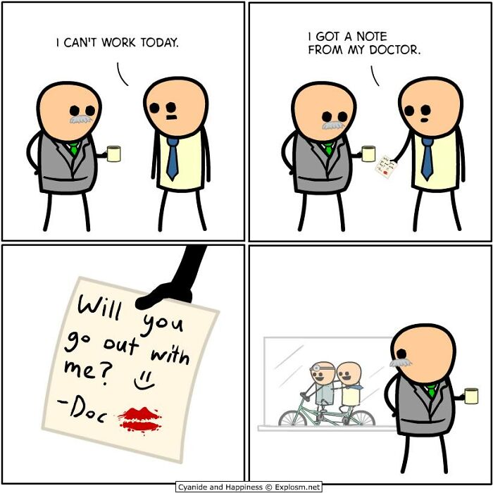 Dark Cyanide & Happiness comic showing a man using a fake doctor’s note with a secret romantic message.