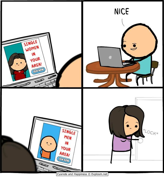 Comic from Cyanide & Happiness showing online dating ads with contrasting reactions from a man and a woman about society today.