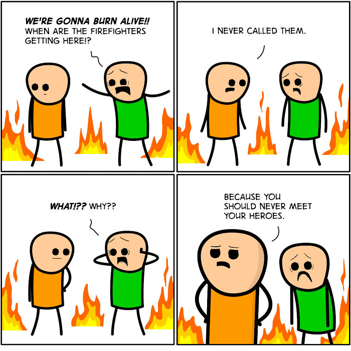 Two stick figures in a fire, discussing not calling firefighters in a dark comedy about today’s society by Cyanide & Happiness.