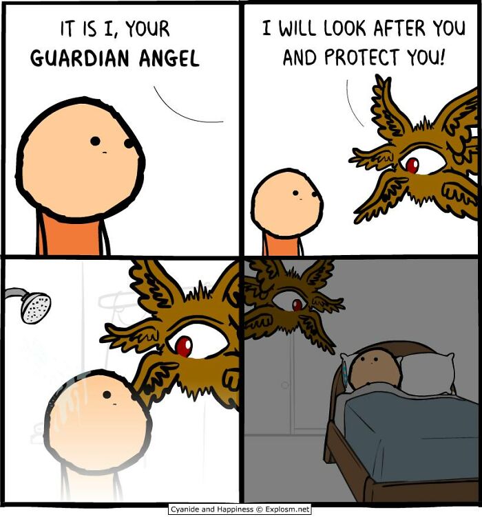 Dark comic by Cyanide & Happiness showing a sinister guardian angel watching a person in daily life moments.