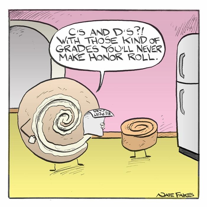 Cartoon by Nate Fakes showing a snail parent critiquing its child's report card with funny and relatable comics style.