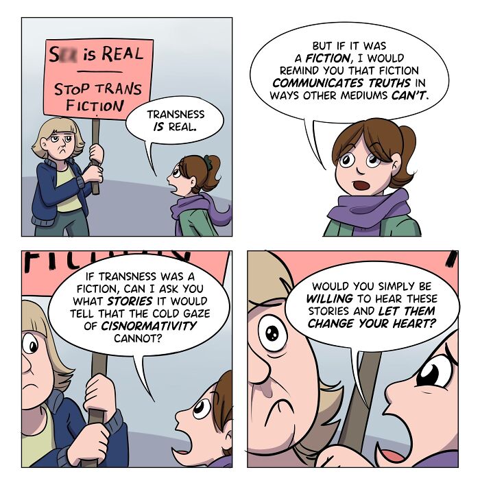 Comic panels by Sophie Labelle discussing transness and challenging cisnormativity with a focus on LGBTQ+ topics.