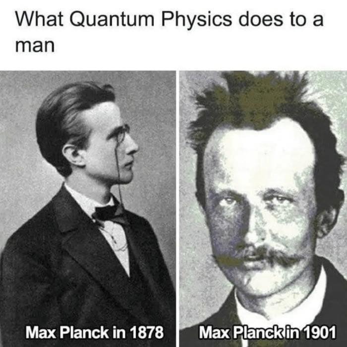 Comparison of two vintage photos humorously showing effects of quantum physics on a man, highlighting sarcasm in human behavior posts.