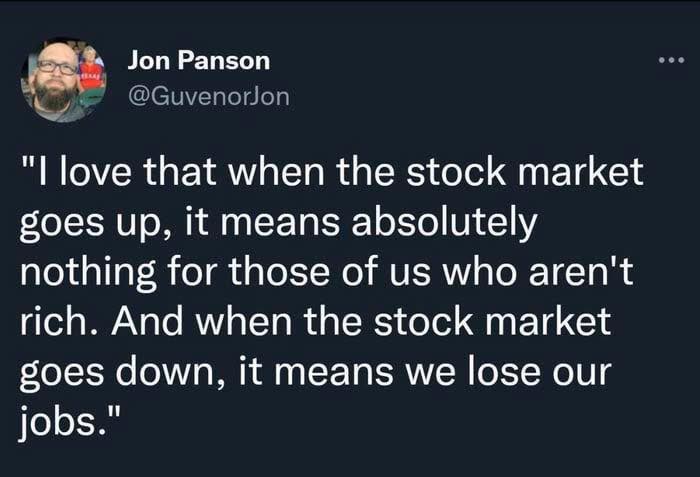 Screenshot of a sarcastic social media post about the stock market and its impact, highlighting humor and collective brain cell.