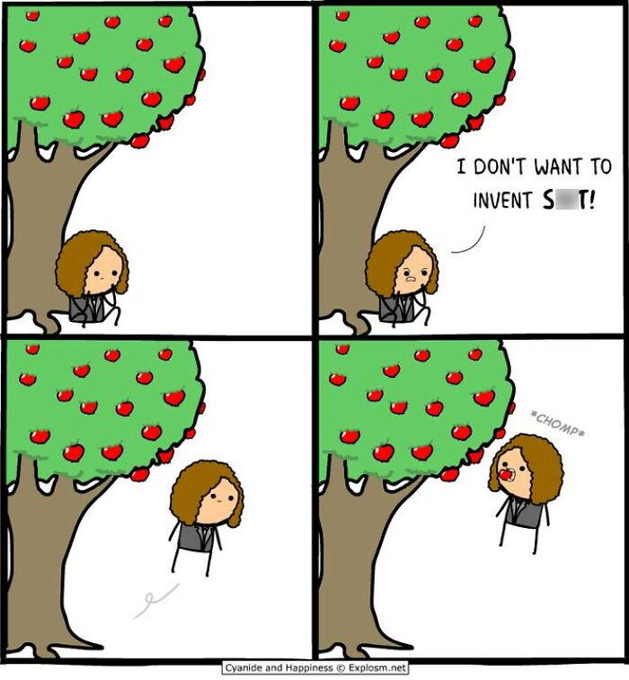 Dark comic by Cyanide & Happiness showing a character refusing to invent, then eating an apple under a tree.