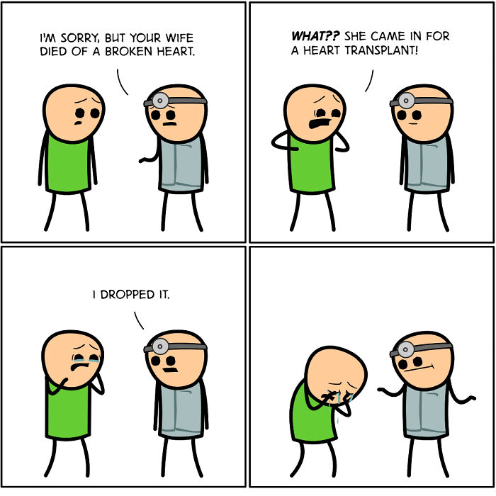 Dark comic by Cyanide & Happiness showing a man told his wife died of a broken heart in a humorous medical scene.