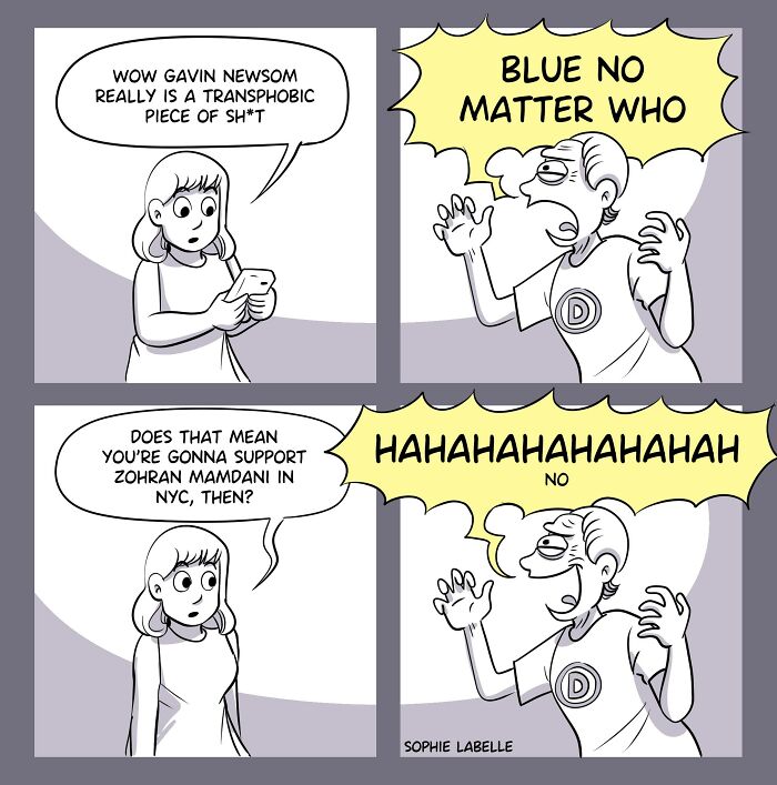 Comic panels by Sophie Labelle showing a conversation highlighting LGBTQ+ issues and political opinions with expressive characters.