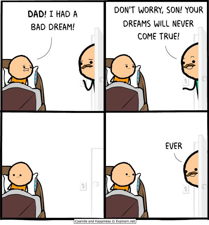 Dark comic by Cyanide & Happiness shows a father telling his son that his dreams will never come true in a humorous way.