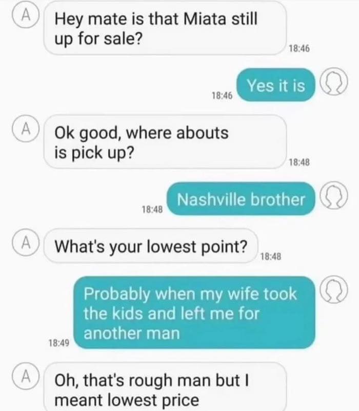 Text message exchange showing a humorous misunderstanding about the lowest price in a funny sarcasm post.